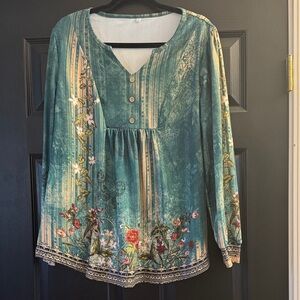 Teal Floral Long-Sleeve Women’s Top - Casual Boho Style
